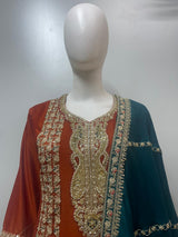 Orange Teal Embroidered Kurta Set