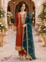 Orange Teal Embroidered Kurta Set