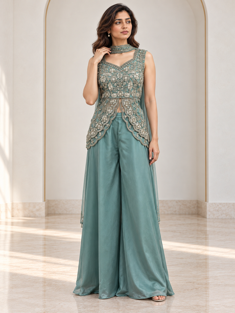 Dusty teal palazzo set with silver floral beadwork and a sheer scalloped peplum