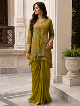 Chartreuse Olive Botanical Embroidered Palazzo Couture Ensemble