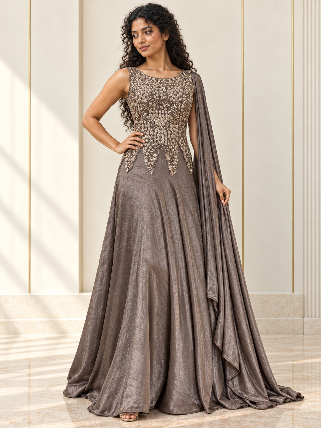 Smoky taupe gown with silver crystal floral embroidery on the bodice