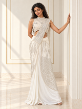 Ivory draped saree set with a silver crystal high-neck blouse