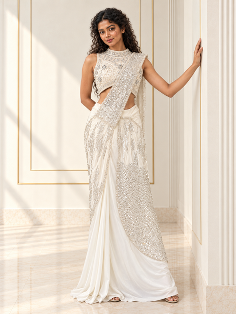 Ivory draped saree set with a silver crystal high-neck blouse