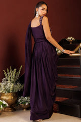 Floor-length plum saree gown with a square-neck sleeveless bodice