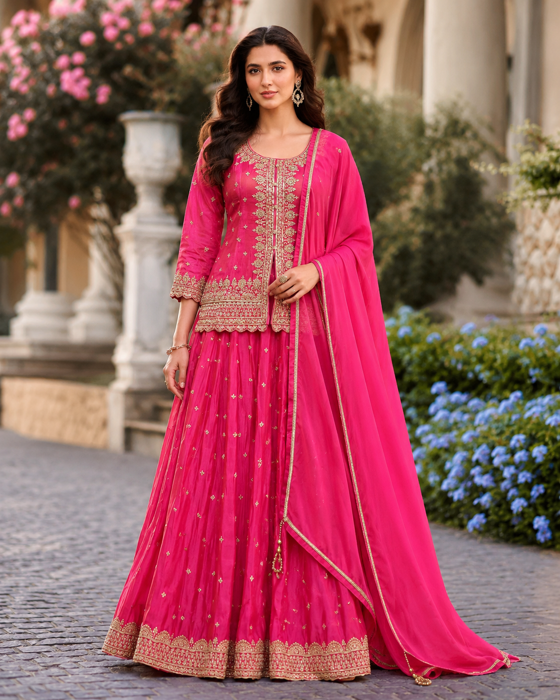 Rani Pink Gold Embroidered Lehenga Set