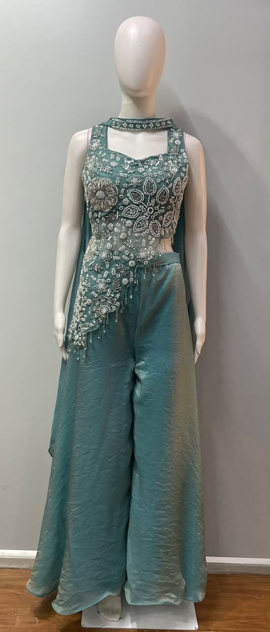 Dusty Teal Silver Floral Palazzo Set