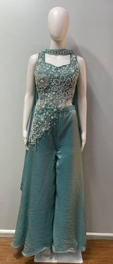 Dusty Teal Silver Floral Palazzo Set