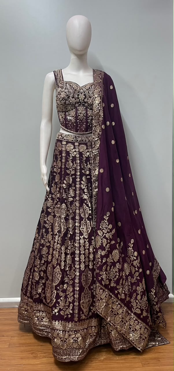 Aubergine Gold Embroidered Bridal Lehenga Set