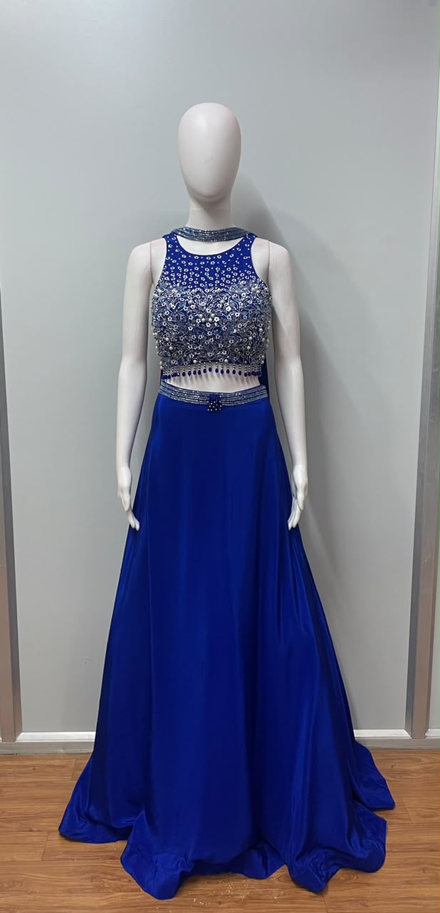 Royal blue lehenga with a silver embellished blouse and matching dupatta