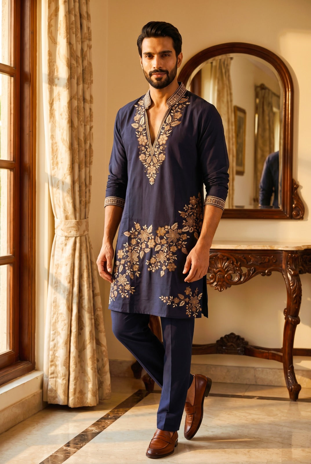 Midnight Navy Antique Gold Floral Kurta Set