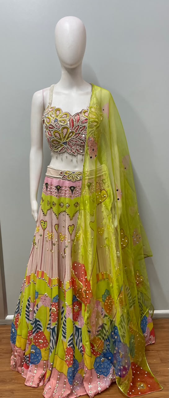 Chartreuse Floral Mirrorwork Lehenga Couture Set