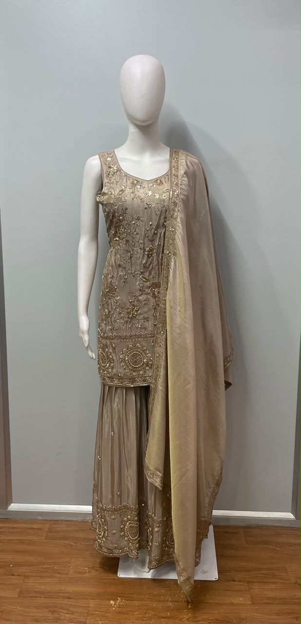 Champagne Taupe Gold Embroidered Sharara Couture Ensemble