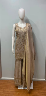 Champagne Taupe Gold Embroidered Sharara Couture Ensemble