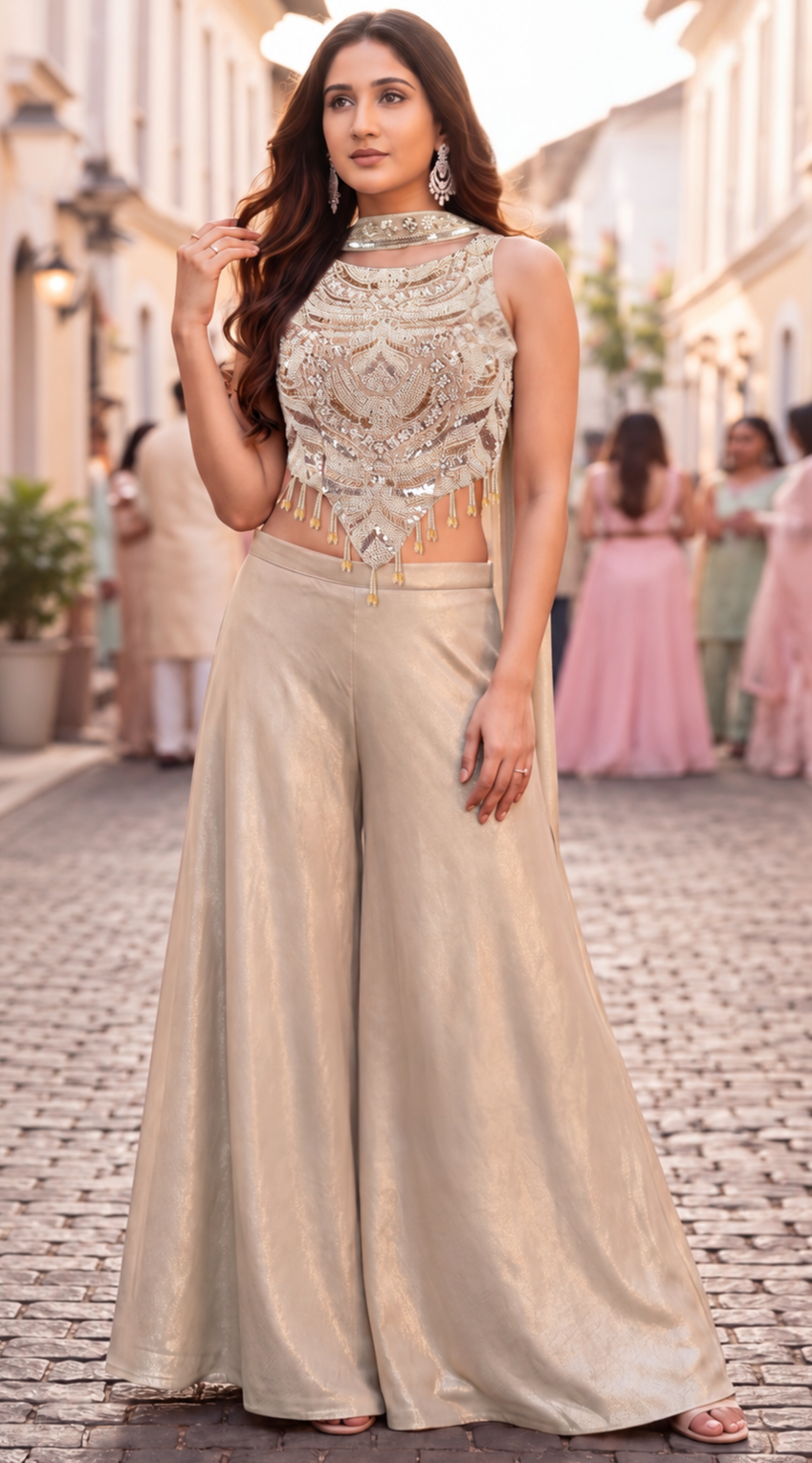 Champagne Ivory Silver Jewel Palazzo Set