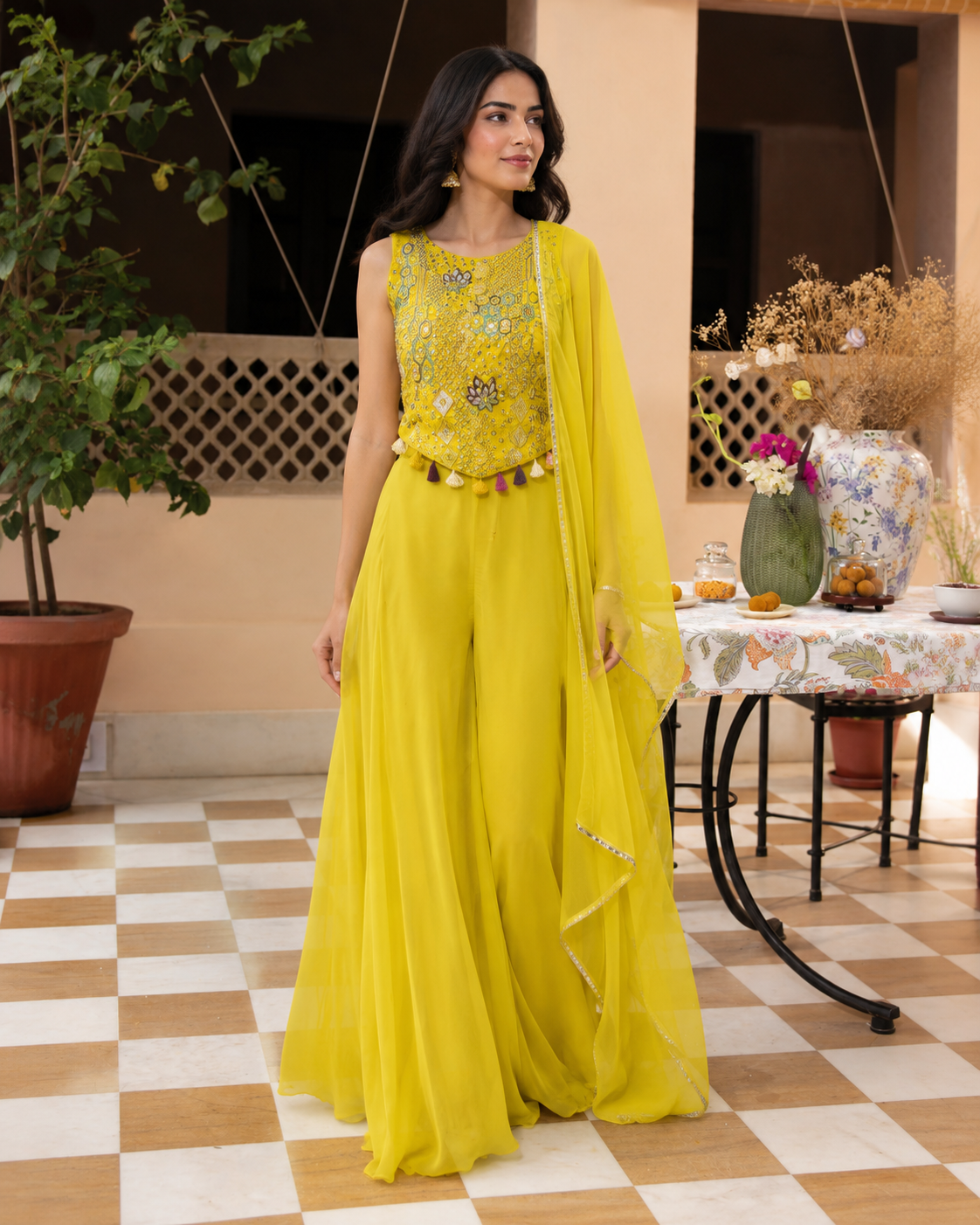 Citrine Mirrorwork Embroidered Palazzo Couture Ensemble