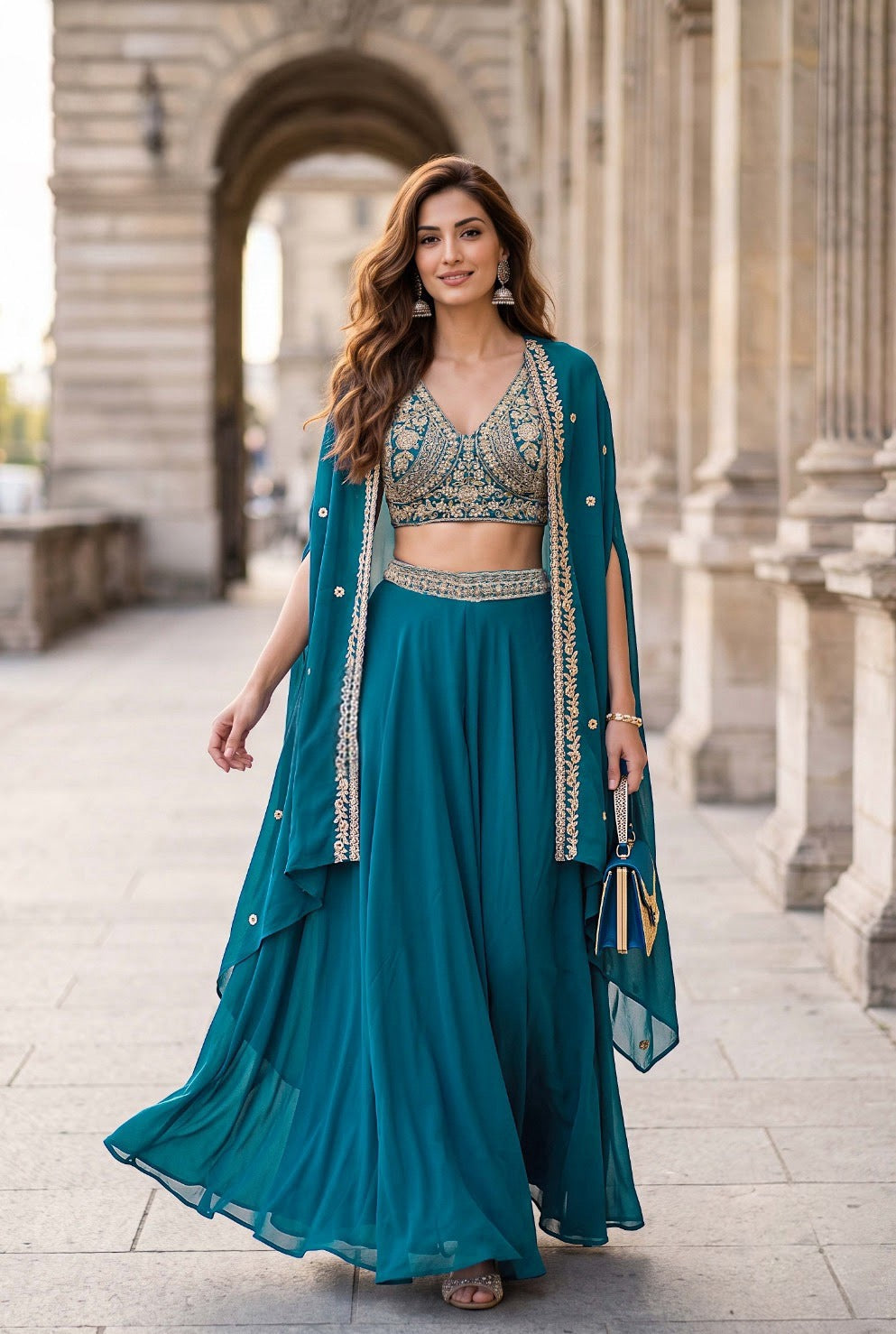 Jewel Teal Antique Gold Cape Palazzo Set
