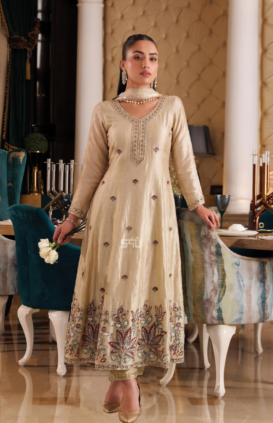 Champagne Beige Floral Kurta Set