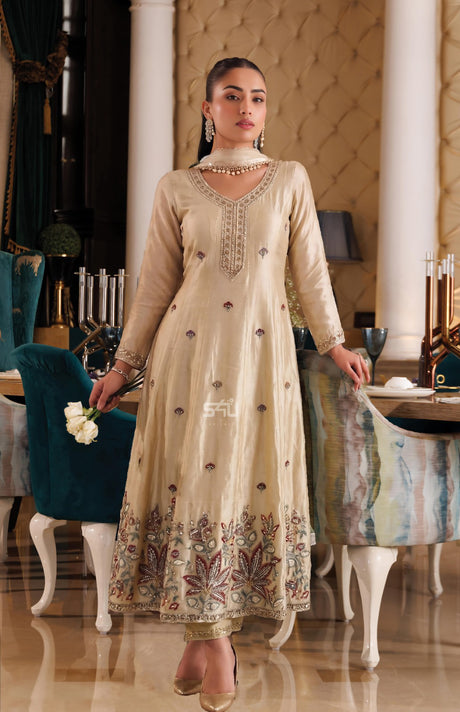 Champagne Beige Floral Kurta Set, front view
