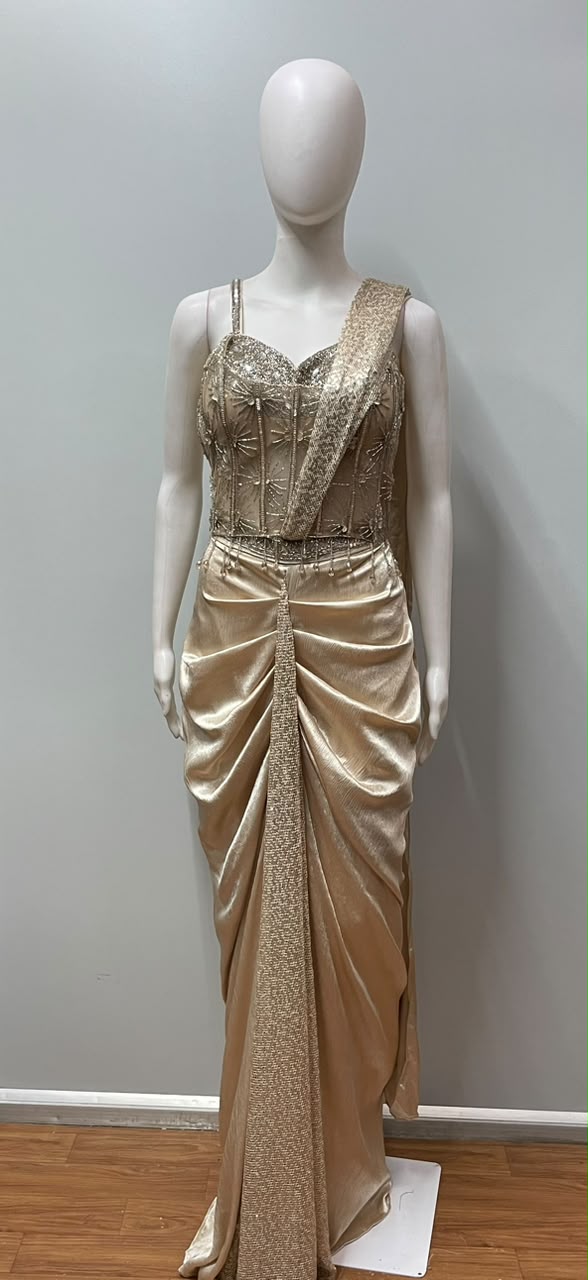 Champagne Crystal Draped Saree Set