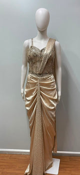 Champagne Crystal Draped Saree Set