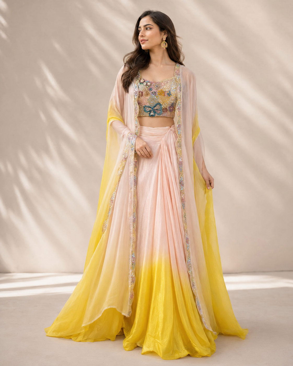 Peach Lemon Embroidered Cape Palazzo Set