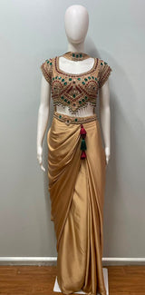 Champagne Emerald Jewel Draped Saree Couture Set