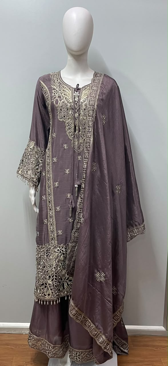 Smoky Mauve Zari Gharara Set