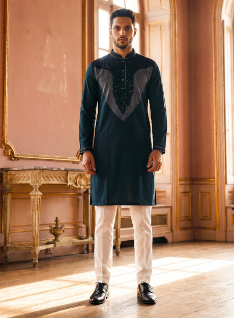 Black men's kurta set with silver chest detailing and ivory straight-cut trousers