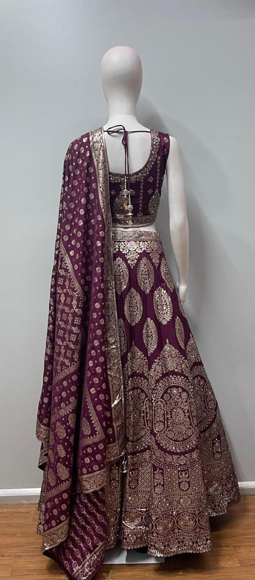 Deep Plum Gold Embroidered Bridal Lehenga Set
