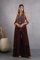 Deep Wine Silver Floral Halter Palazzo Set