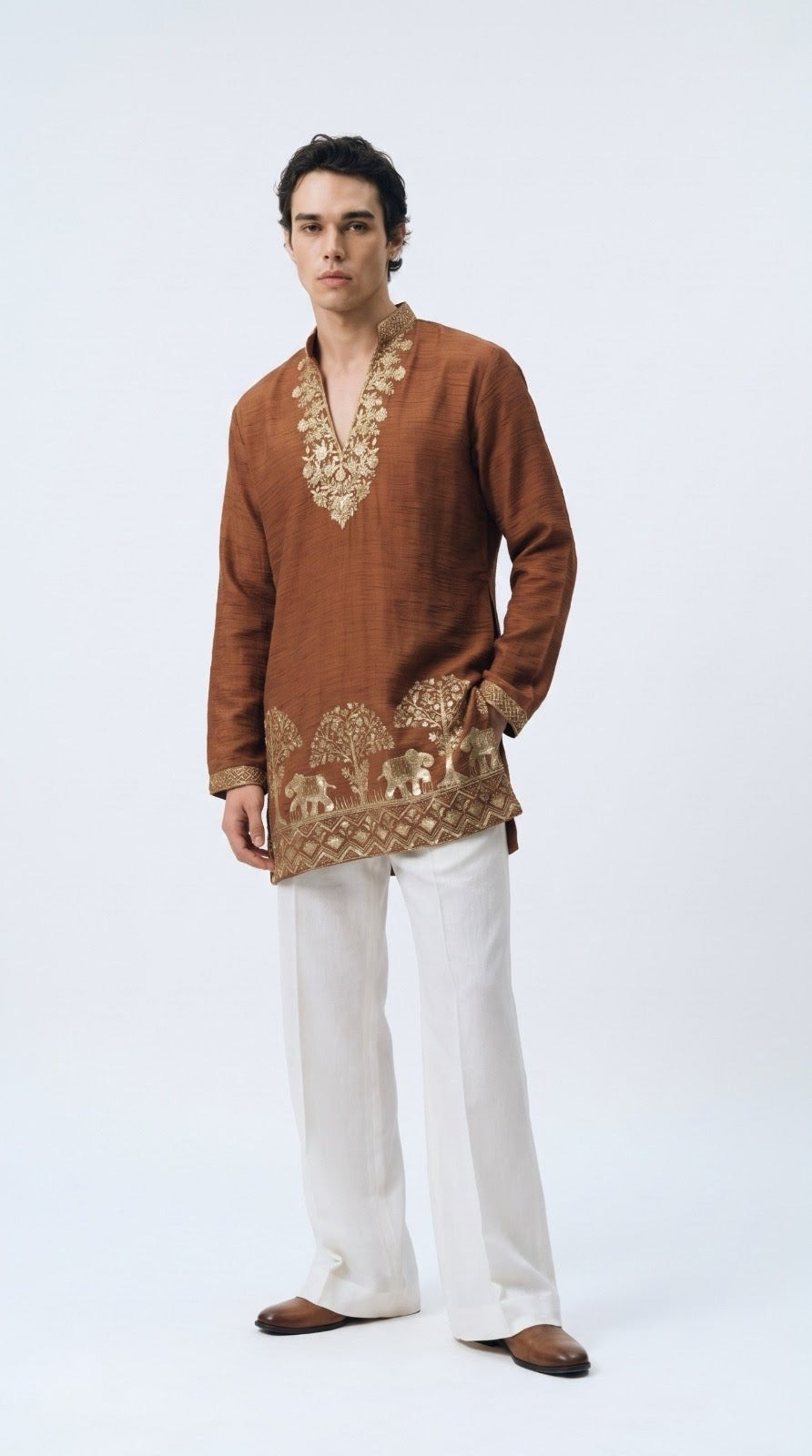 Men's burnished copper kurta with an antique gold elephant and tree border