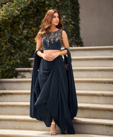 Midnight Navy Multicolor Jewel Cape Dhoti Set