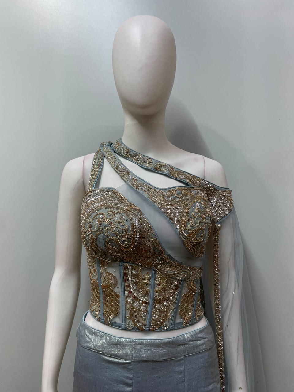 Ice Blue Gold Corset Mermaid Lehenga Set