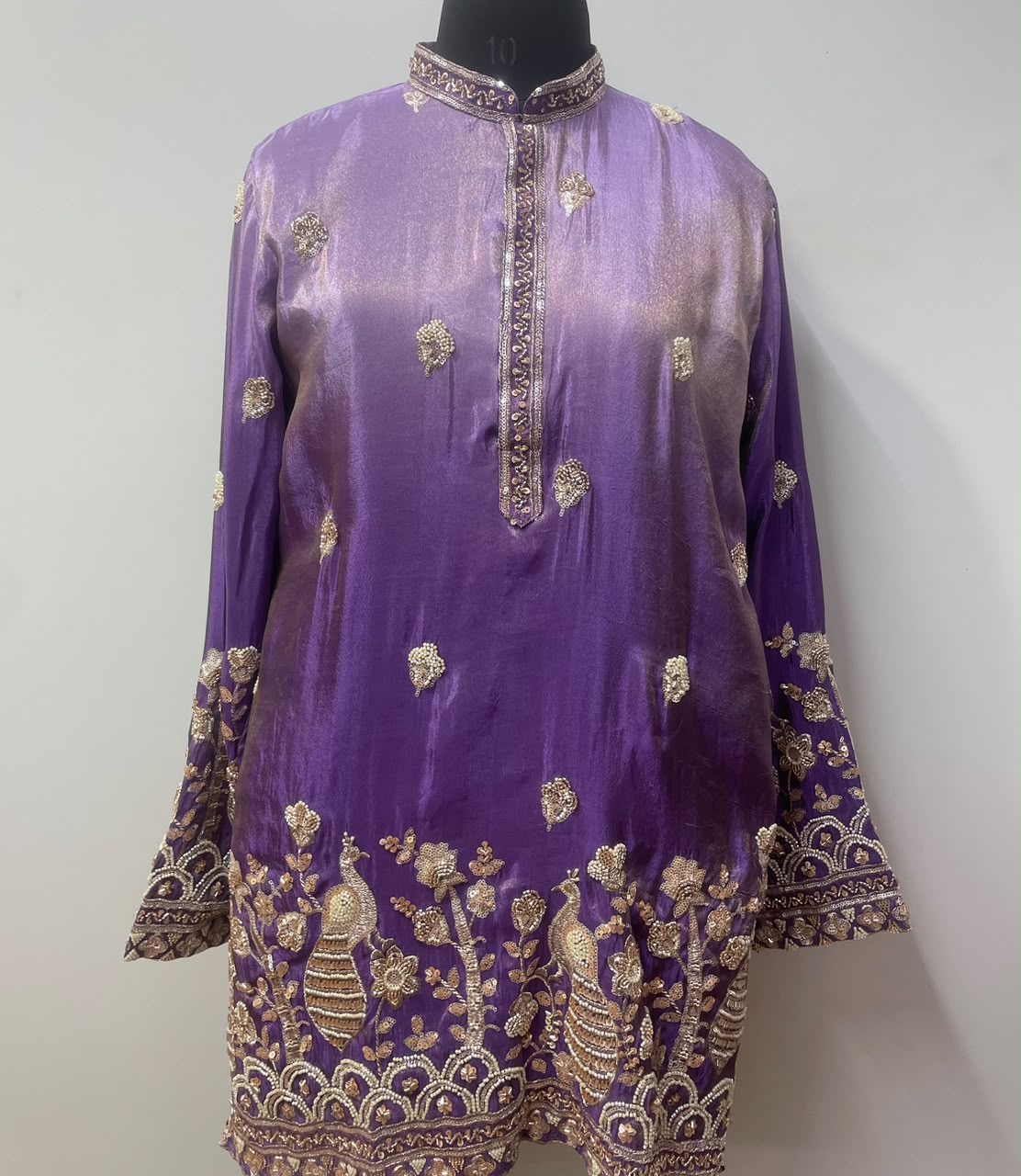 Royal purple kurta with gold peacock motifs, front view