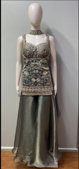 Sculpted floral-embroidered top of the smoky olive palazzo set