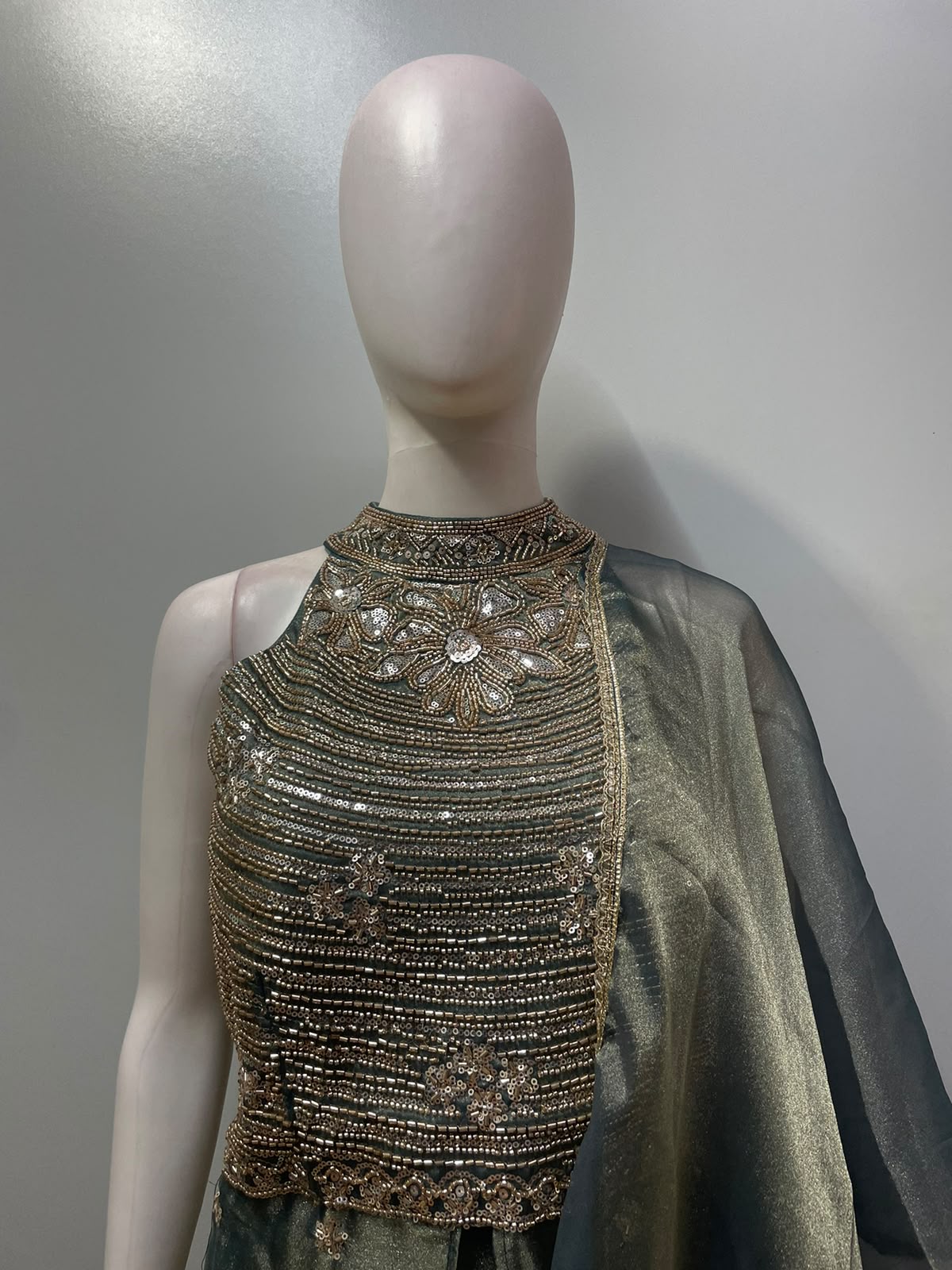 Smoky Teal Antique Gold Halter Palazzo Set