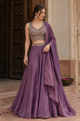Smoky Lilac Antique Gold Jewel Lehenga Set