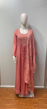 Coral Rose Gold Embroidered Anarkali Set