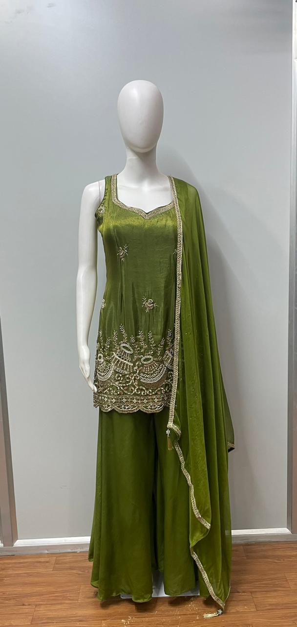 Olive Zari Embroidered Palazzo Set