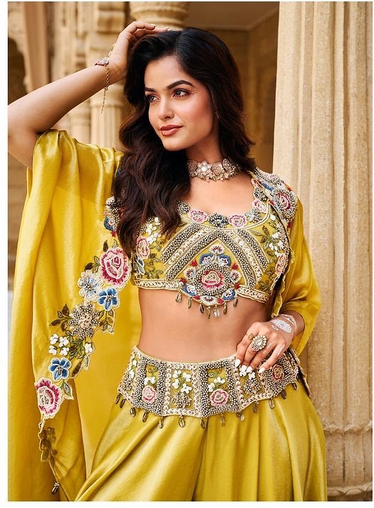 Chartreuse Gold Multicolor Floral Cape Lehenga Set