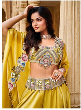 Chartreuse Gold Multicolor Floral Cape Lehenga Set