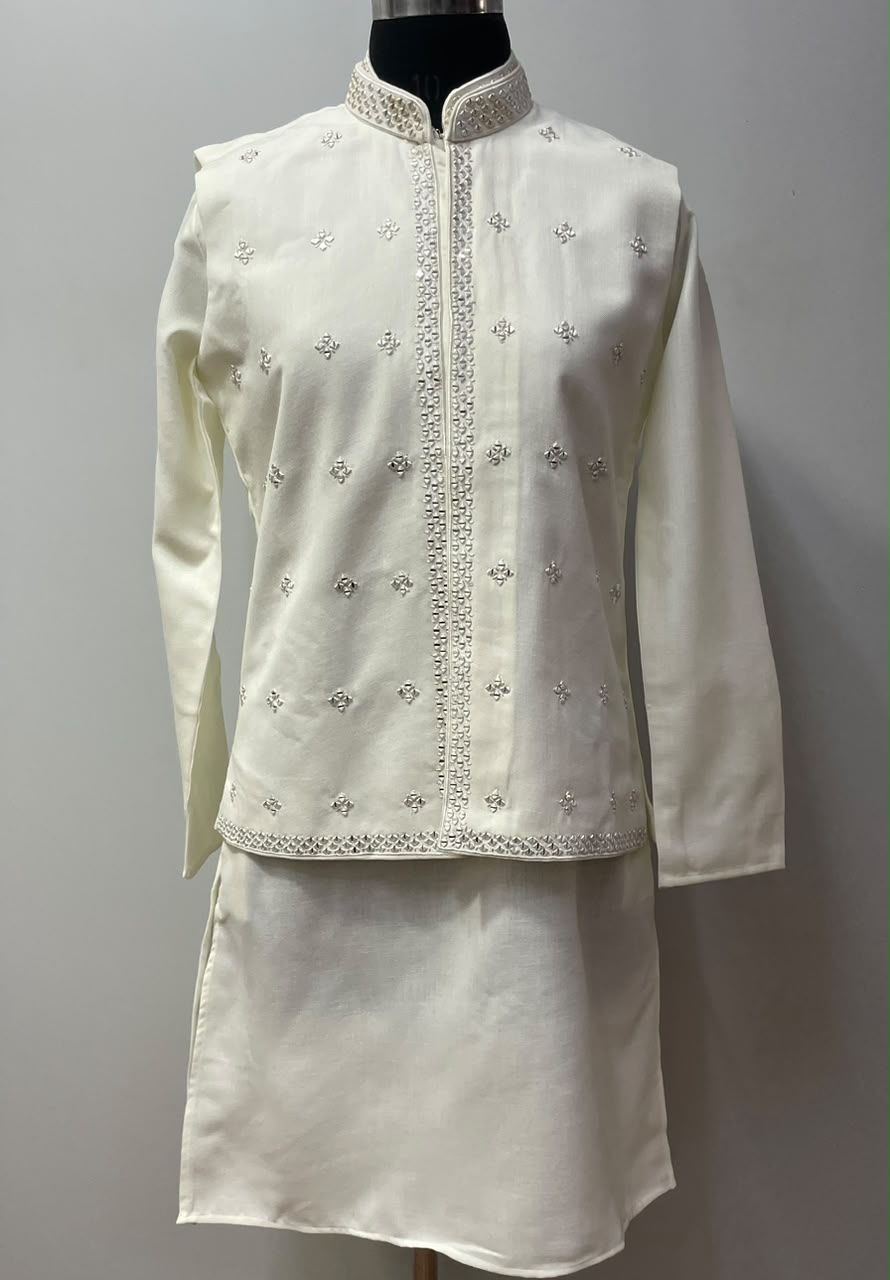 Pearl Ivory Silver Mirror Work Nehru Jacket Kurta Set
