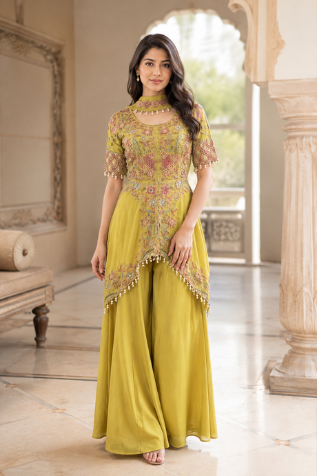Chartreuse Jewel Embroidered Peplum Palazzo Ensemble