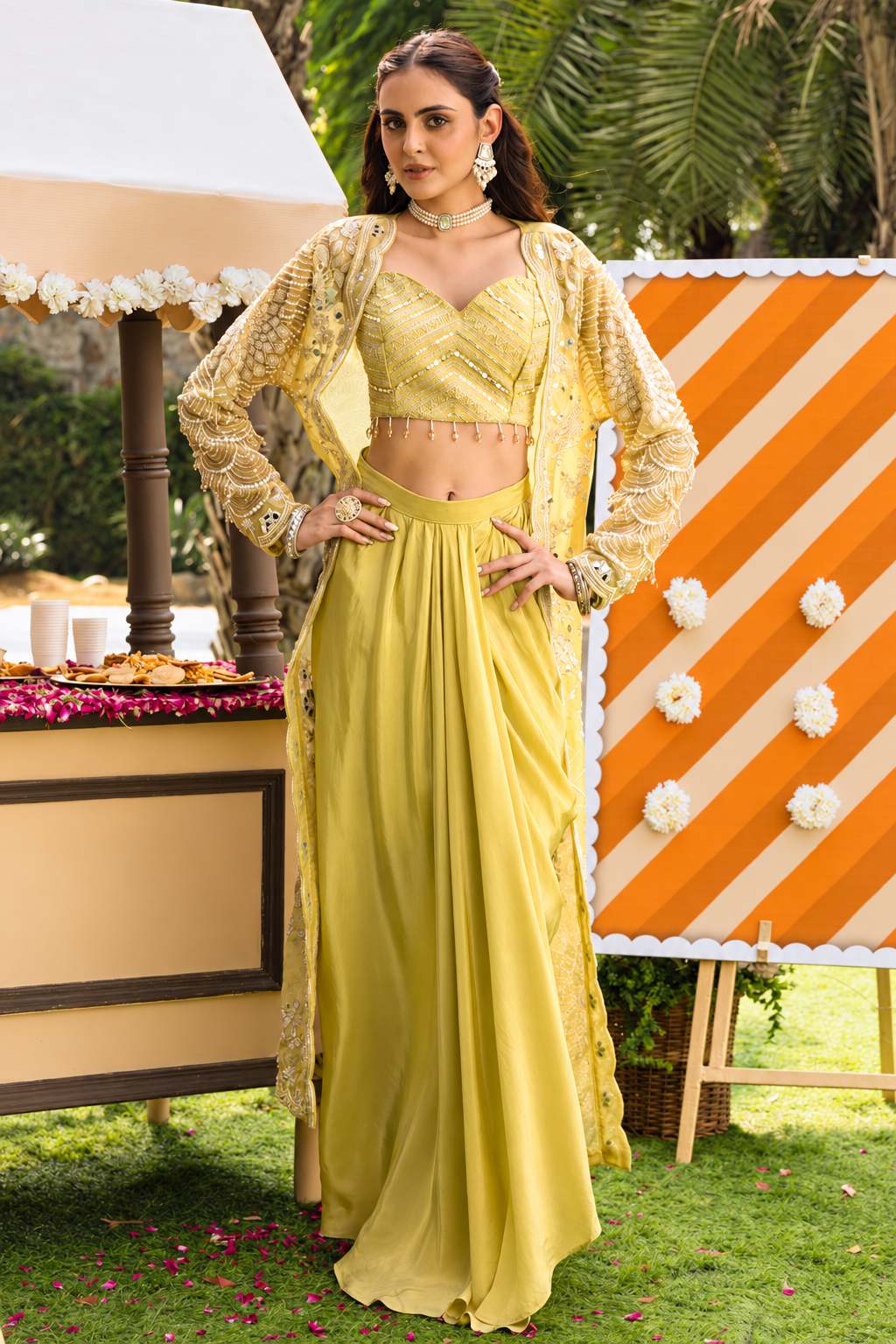 Women's size chart in inches for the lime yellow pearl jacket skirt set