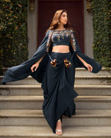 Midnight Navy Multicolor Jewel Cape Dhoti Set