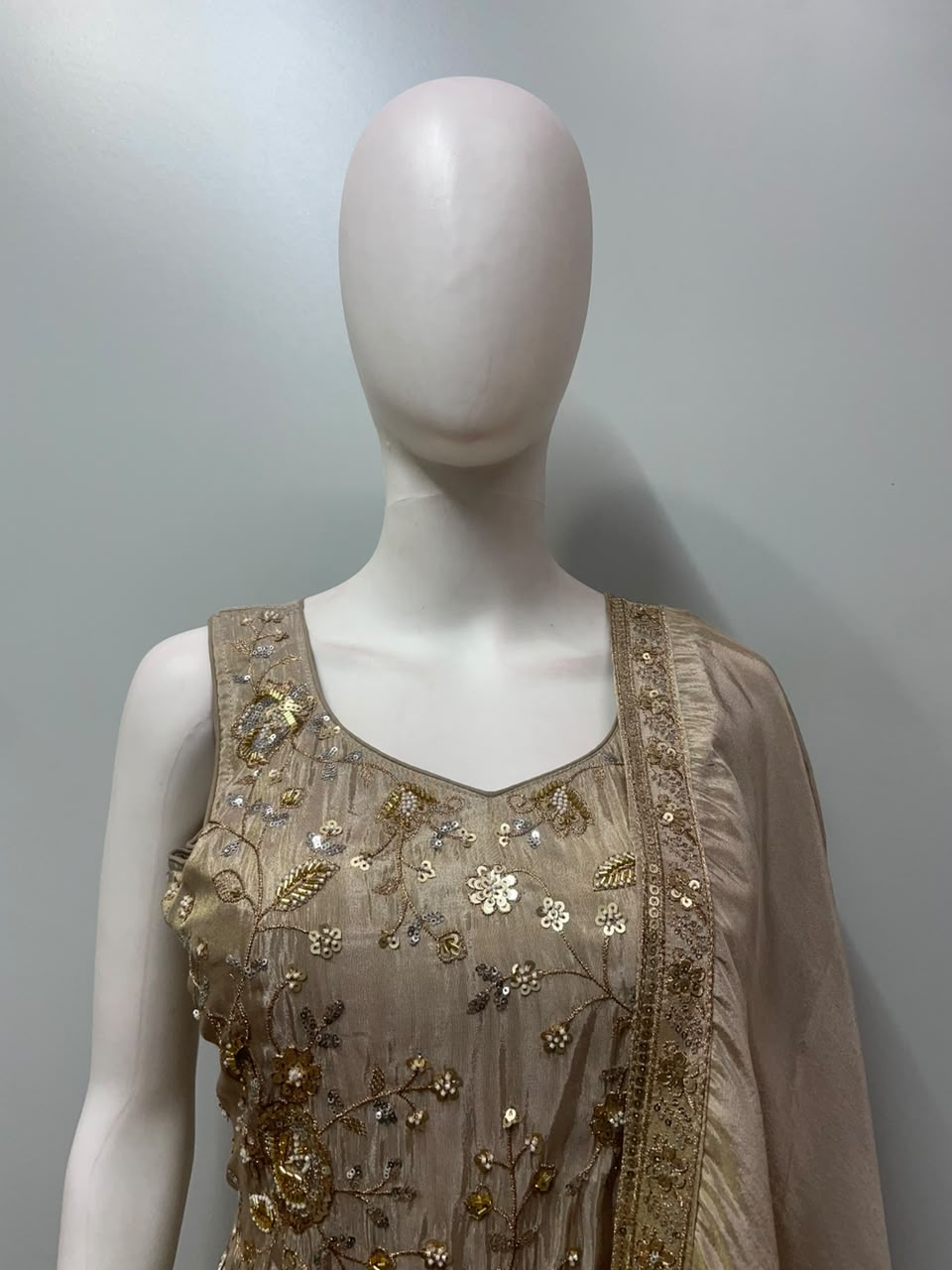 Champagne Taupe Gold Embroidered Sharara Couture Ensemble