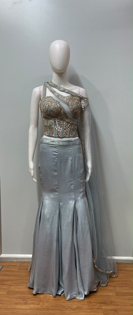Ice Blue Gold Corset Mermaid Lehenga Set