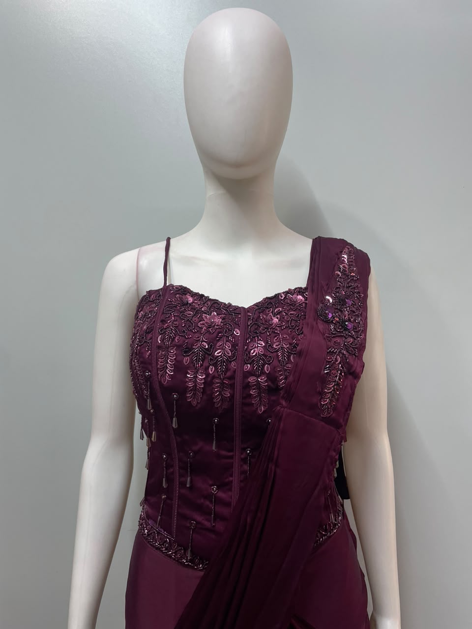 Wine Corset Draped Saree Set