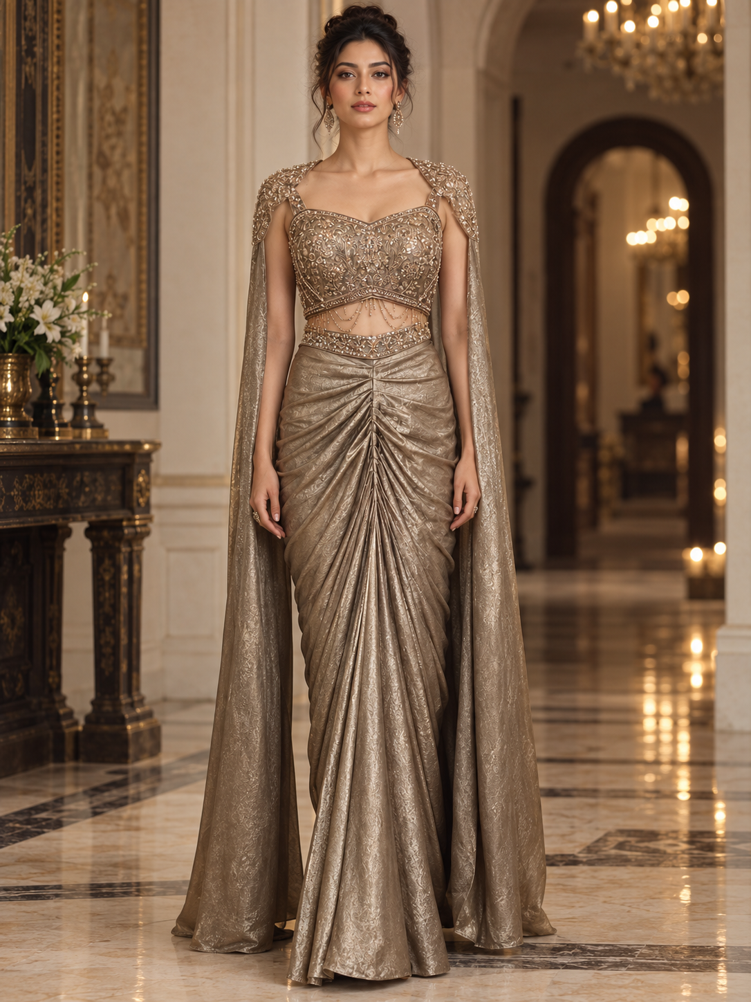 Antique Taupe Gold Draped Skirt Set