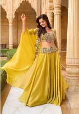 Chartreuse Gold Multicolor Floral Cape Lehenga Set